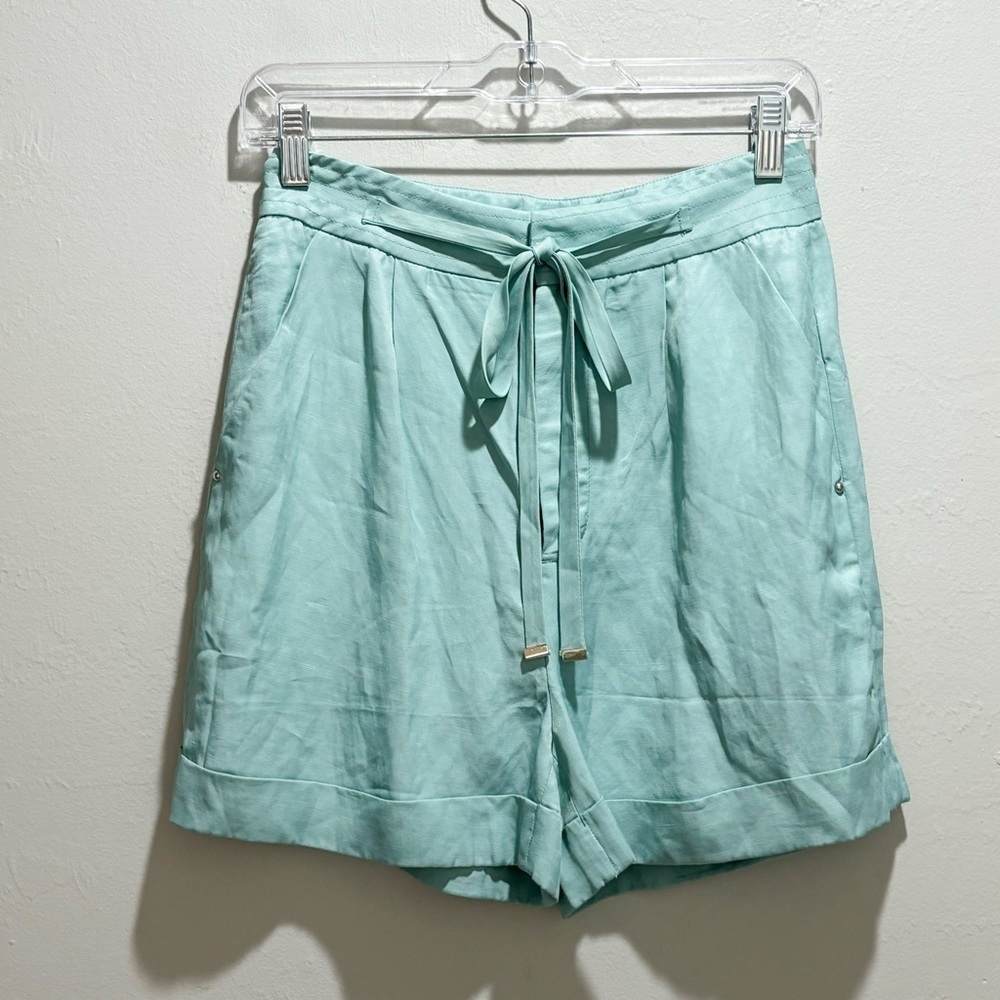MOTF Women’s Blue High Rise Linen Blend Tie Front Cuffed Shorts Size Small